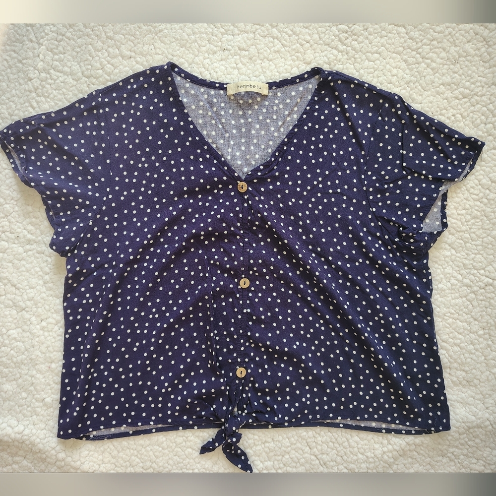 ☀️5/$25☀️ Herinbe Tu Women's Medium Blue Polka Dot Short-sleeve Top w/ Tie